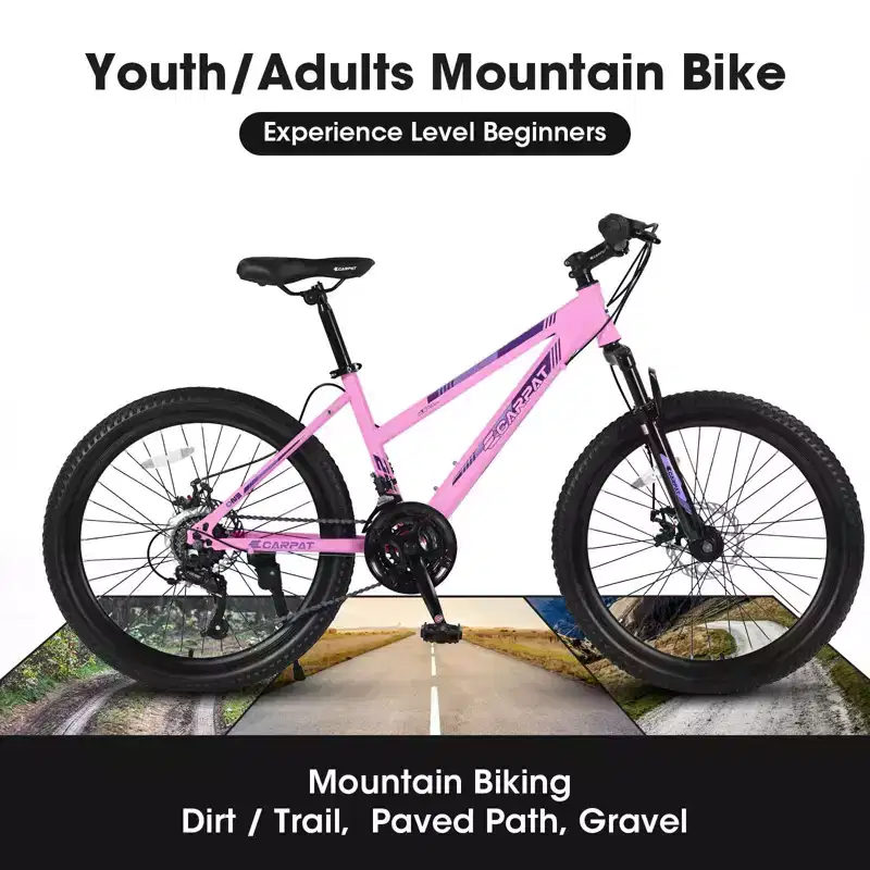 Okak 24/26IN Mountain Bike with 21 Speeds and Dual Disc Brakes, Kids Bike with 100mm Front Suspension, Dirt Bike for Teenagers and Women