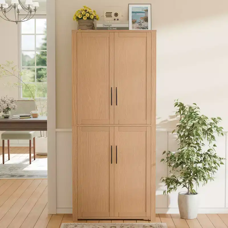Kitchen Pantry Cabinet, Freestanding Food Storage Cabinet with 4 Doors & Adjustable Shelves, Floor Utility Storage Organizer
