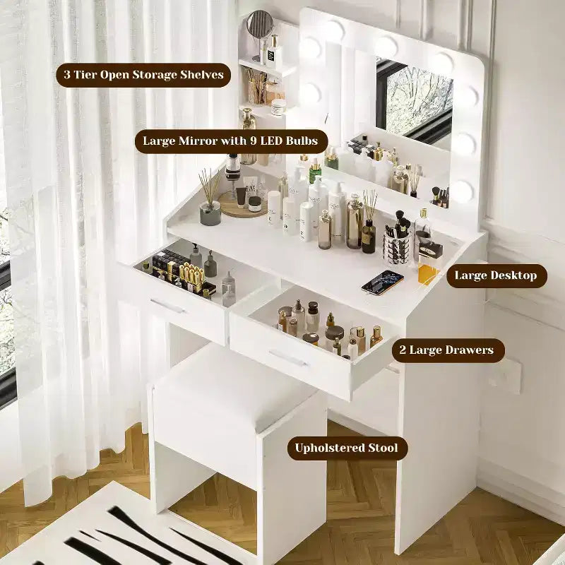 Vanity Desk with Mirror, Makeup Vanity with Cushioned Stool, 3 Lighting Modes Adjustable Brightness