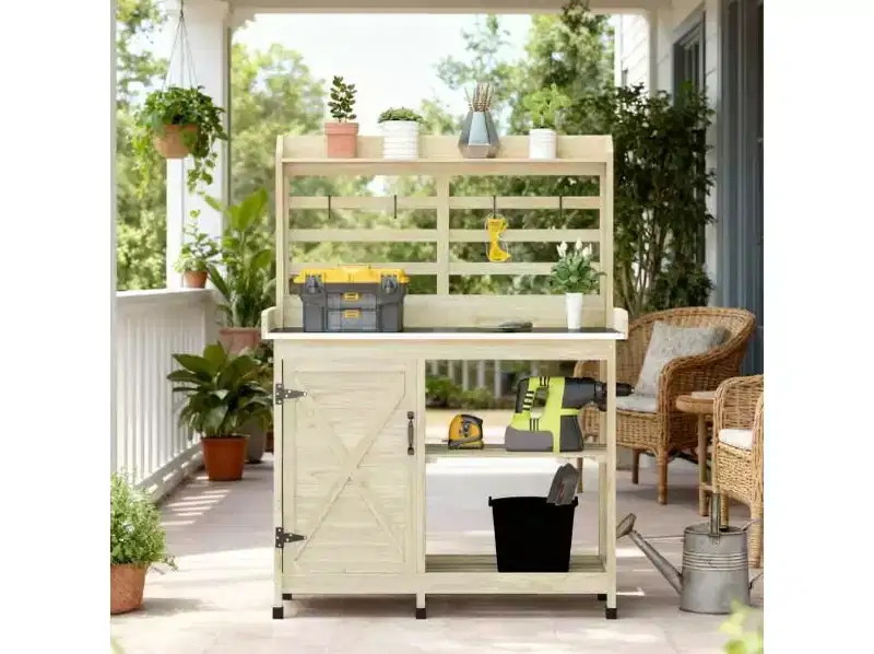 Whisen Patio Wooden Potting Bench, Outdoor Garden Work Station Table with Storage Cabinet, Open Shelf and Removable Sink