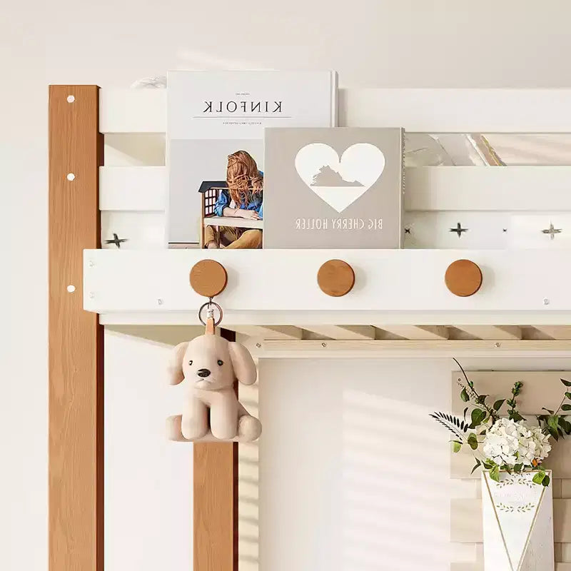 Modern Loft Bed with Storage Shelves, Clothes Hook and Underbed Space