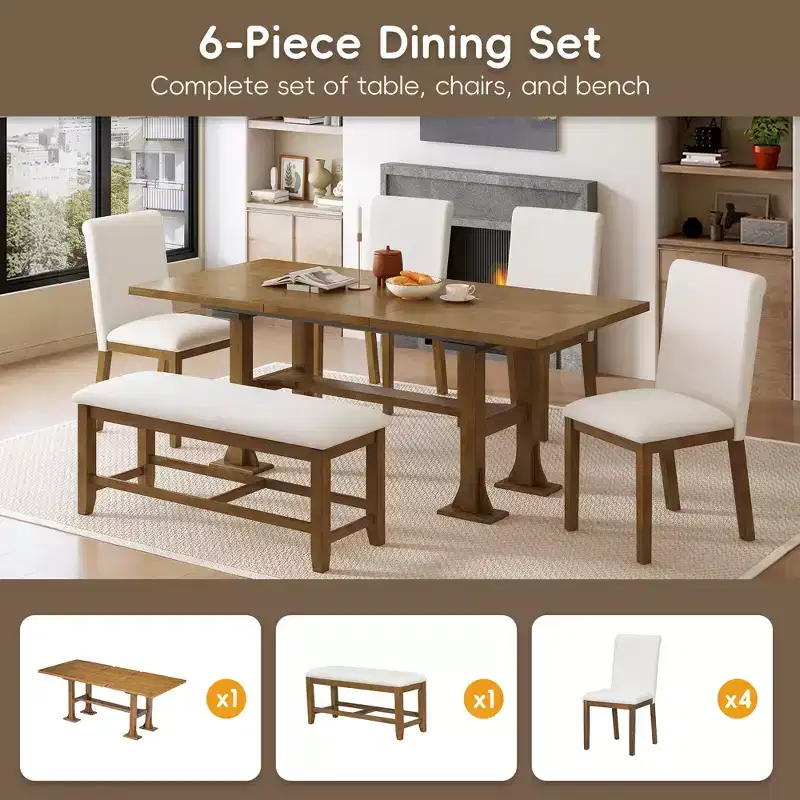 6 Pieces Dining Table Set with Bench for 6, Kitchen Table Set with Storage Drawer and 4 Upholstered Dining Chairs