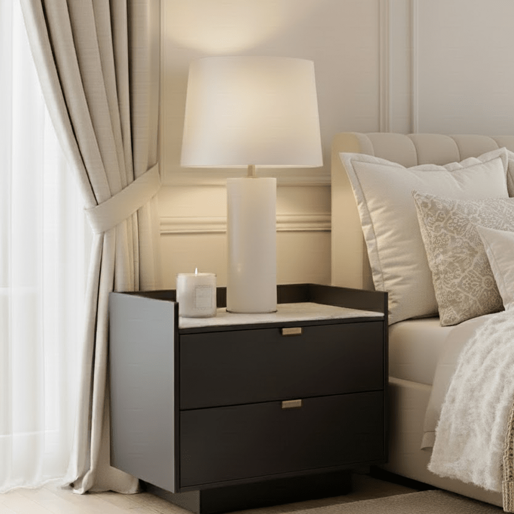 Dark Grey Oak 2 Door Bedside Table with Marble Top