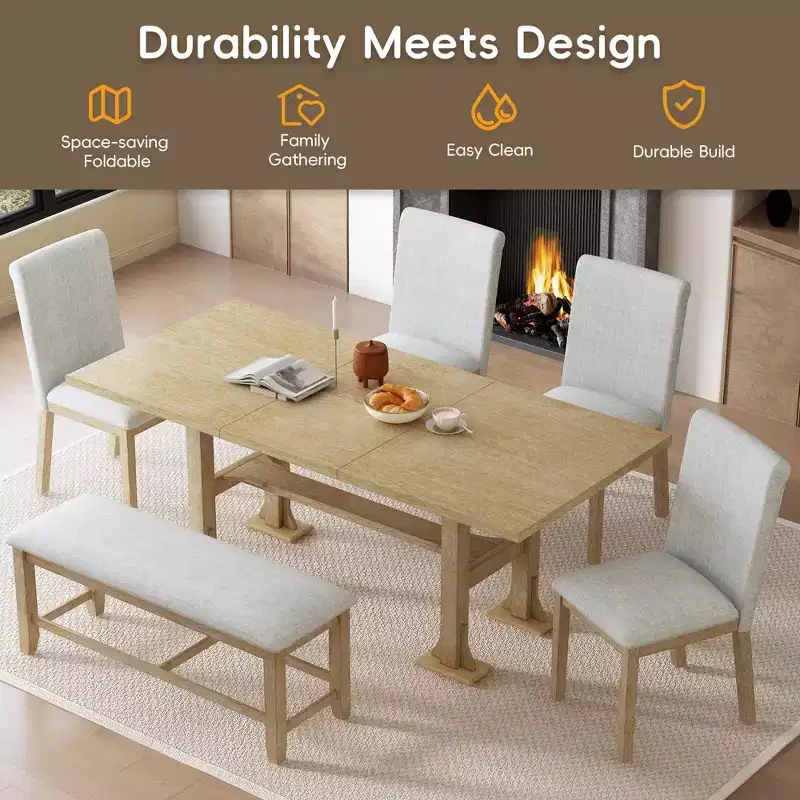 6 Pieces Dining Table Set with Bench for 6, Kitchen Table Set with Storage Drawer and 4 Upholstered Dining Chairs