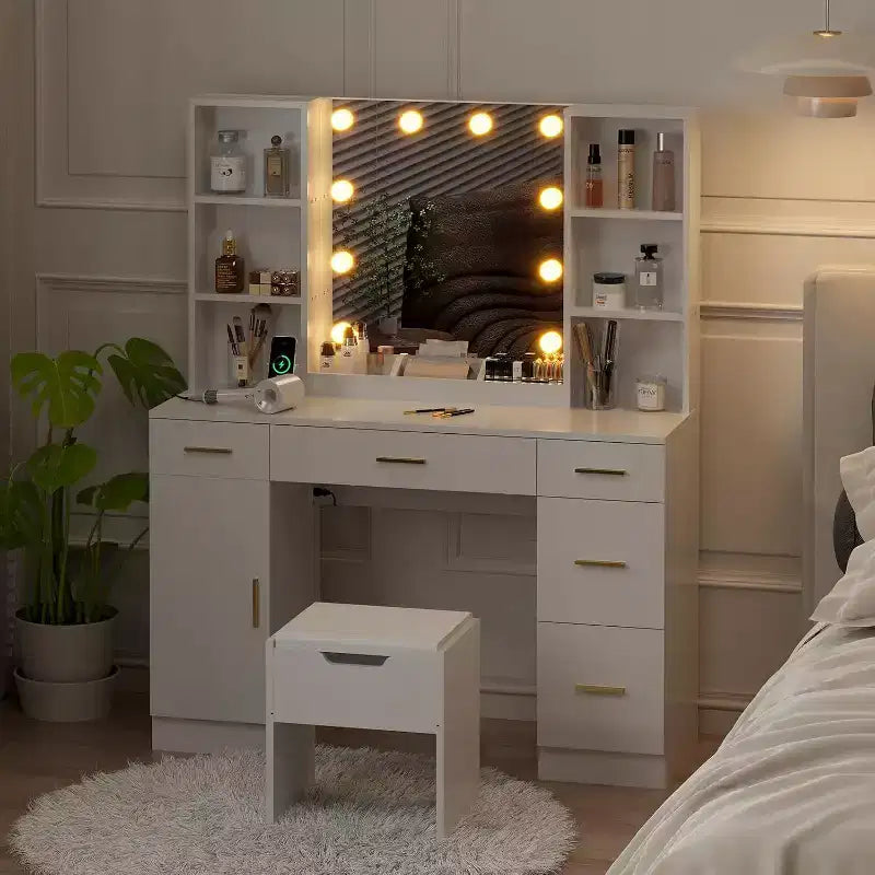Vanity Desk with LED Mirror, 5 Drawers and 6 Open Shelves, Adjustable Lighting, Dressing Table