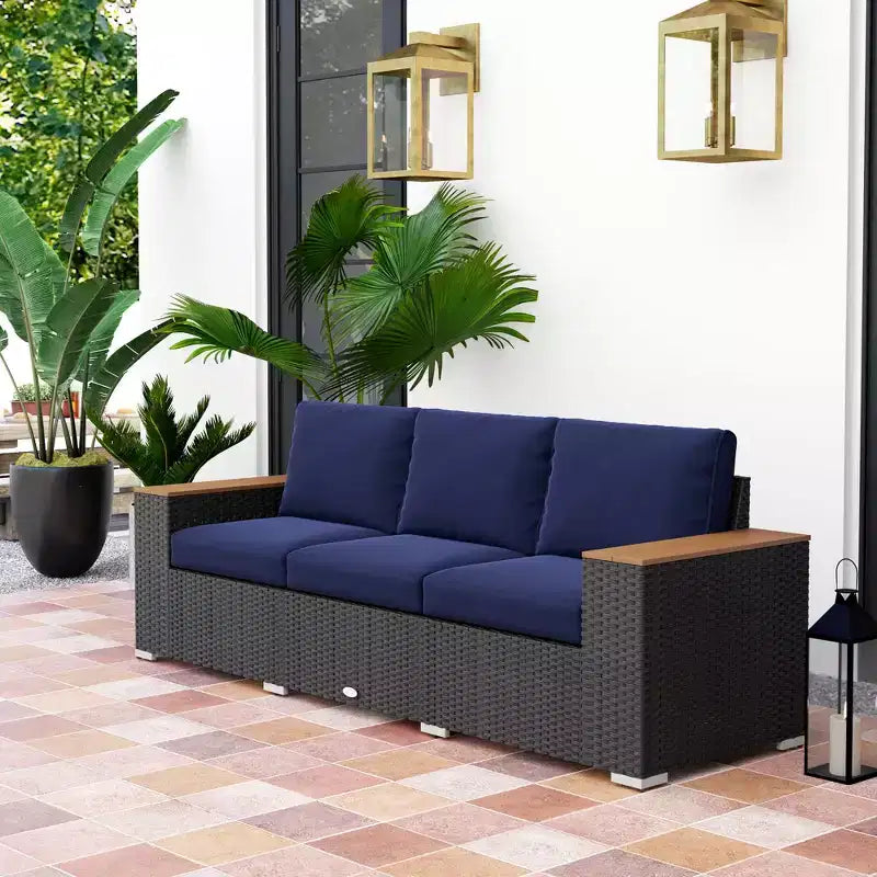 3-Seat Outdoor Patio Sofa with Cushions, PE Rattan Wicker Sofa with Wide Armrests, Outdoor Wicker Couch