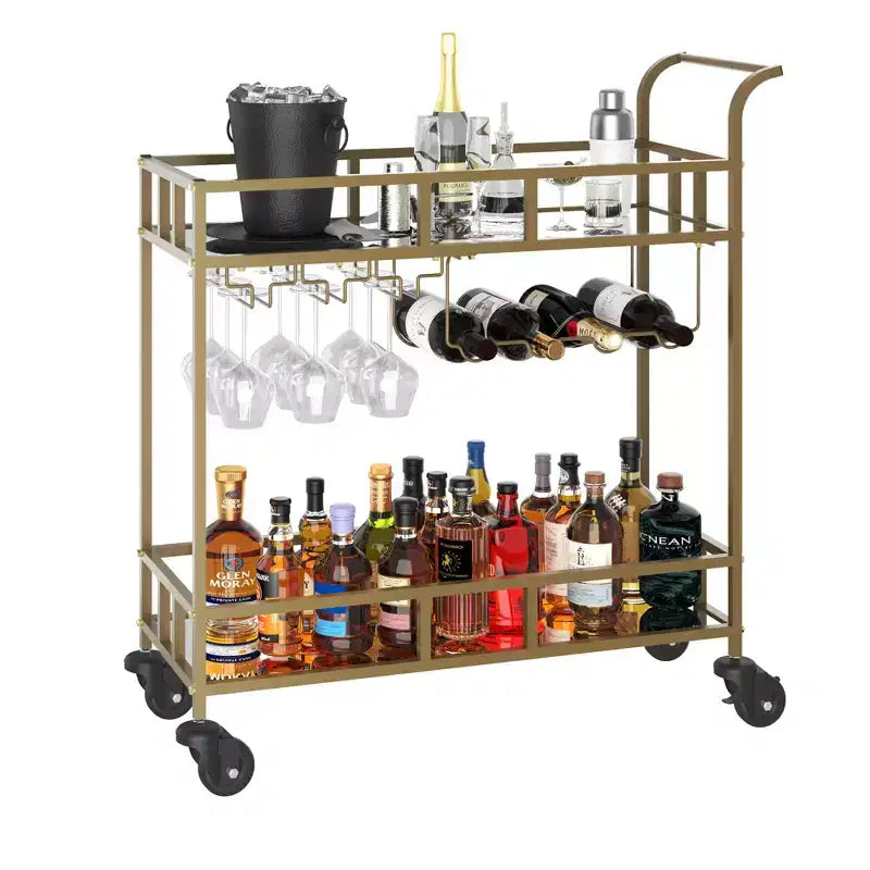 COZONY 2 Tier Bar Cart with Wine Rack and Glass Holder, Mirrored Mobile Serving Cart with Wheels for Kitchen Living Room