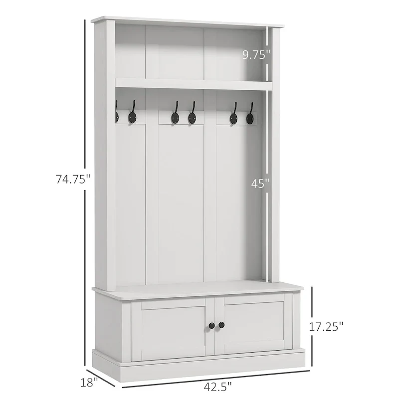 Freestanding Hall Tree, Entryway Bench with Coat Rack, Shoe Cabinet and Top Shelf