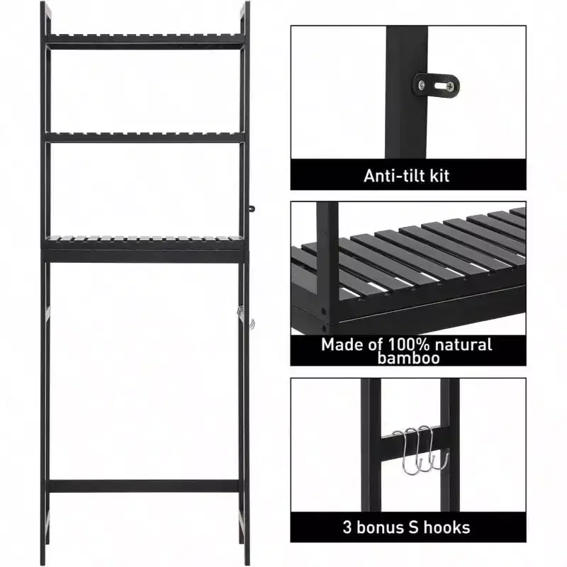 Over Toilet Storage Cabinet 3 Tier Shelf Stable Freestanding Black Bathroom Organizer with 3 Hooks 67 Inch H