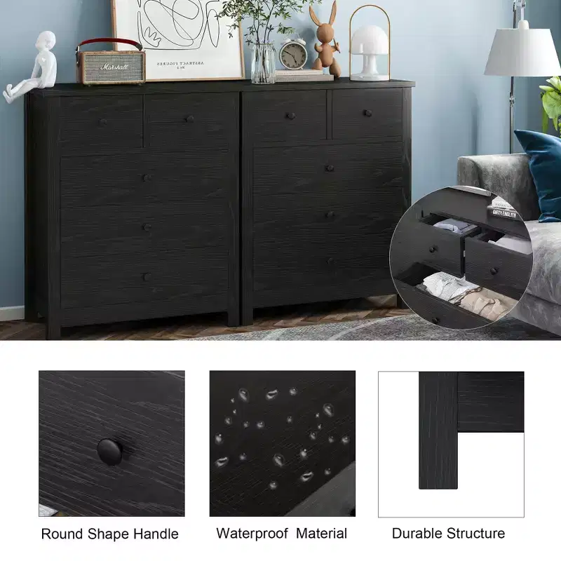 5-Drawer Fluted Dresser with Gold Metal Handles and Legs