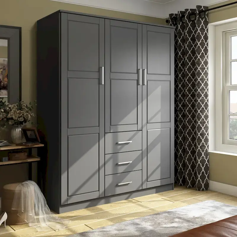 3-Door Solid Pine Wood Wardrobe Armoire, 72