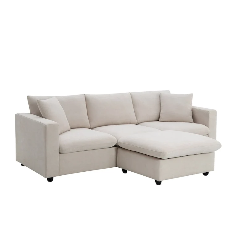 White L-Shaped Sectional Sofa with Ottoman, Seats 5