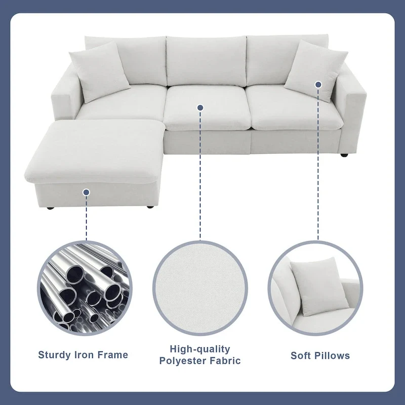 White L-Shaped Sectional Sofa with Ottoman, Seats 5