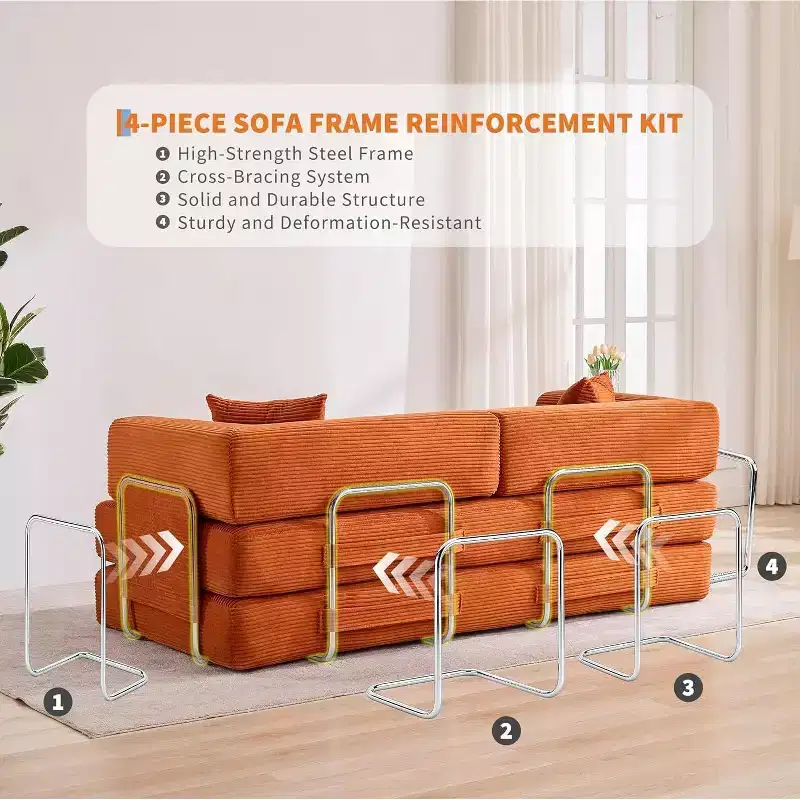 Convertible Couch, Folding Sofa Bed with 2 Pillows, Plush Corduroy Boneless Convertible Sofa, No Assembly Required for Living Room, Bedroom