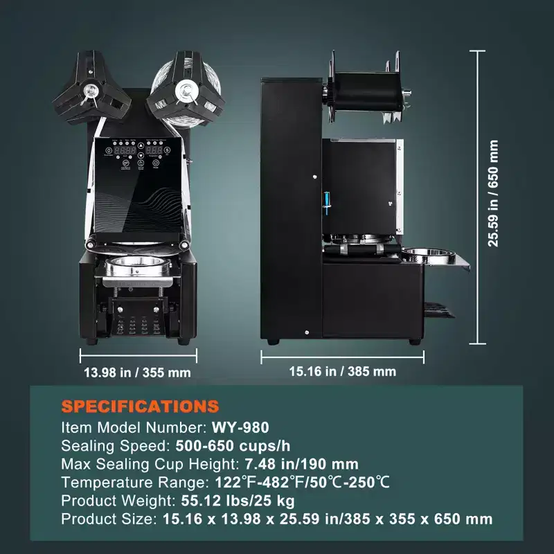 VEVOR Fully Automatic Cup Sealing Machine, 500-650 Cups/H, Cup Sealer Machine for 190 mm Tall & 90/95 mm Cup, with Digital Control LCD Panel, Black