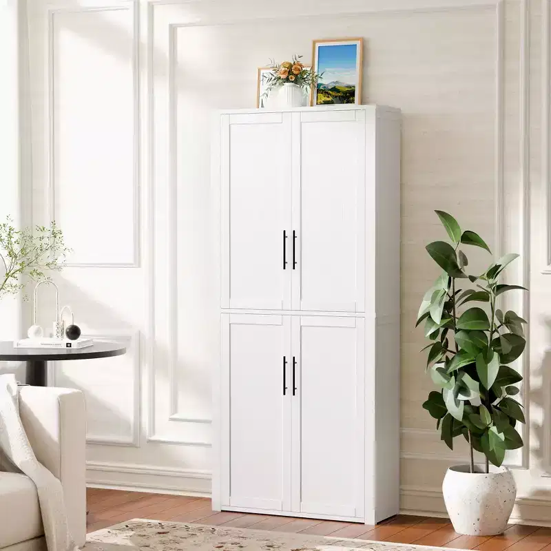 PexFix Kitchen Pantry Cabinet Freestanding Food Storage Cabinet with 4 Doors & Adjustable Shelves Floor Utility Storage Organizer