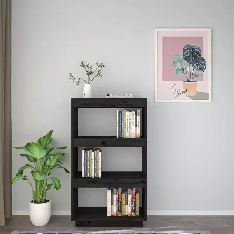 Book Cabinet Black Solid Pine Wood Medium Book Cabinet