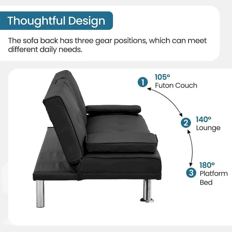 Convertible Sofa Bed – Black / Dark Brown, Faux Leather, 3-Position Recliner, Seats 2