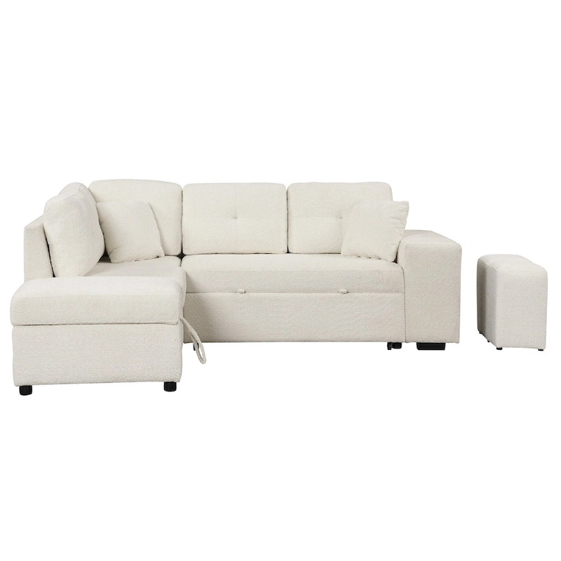 Roomfitters Convertible Sleeper Sectional Sofa Bed with Storage Ottoman, Two Throw Pillows, Two Stools, Wireless Charger