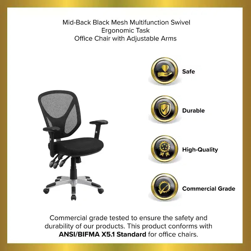 Mid-Back Black Mesh Multifunction Swivel Ergonomic Task Office Chair - Arms