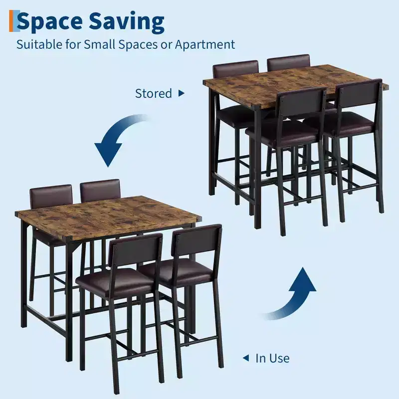 Dining Table Set for 4, 5-Piece Kitchen Table Set, Footrest, Corner Protector, Counter Height Table, 2 Upholstered Bar Stools, for Kitchen