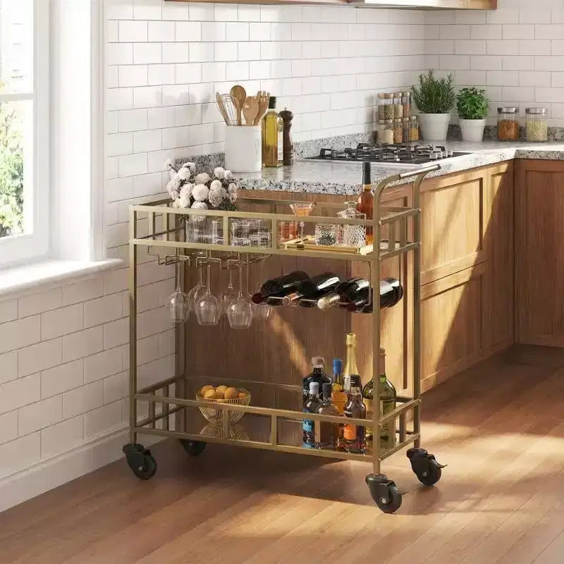 COZONY 2 Tier Bar Cart with Wine Rack and Glass Holder, Mirrored Mobile Serving Cart with Wheels for Kitchen Living Room