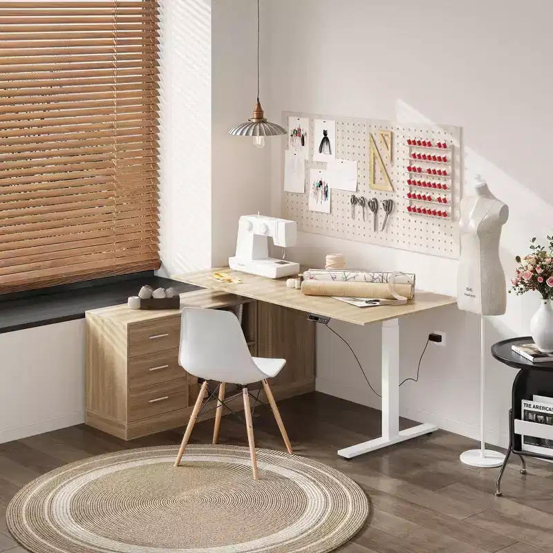 Oak-Effect Height-Adjustable L-Shaped Office Desk Sewing Desk 3 Drawers + Open Storage