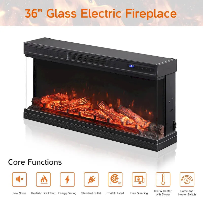 3-Sided Glass Electric Fireplace Insert – Gray & Blue Light / Black, Freestanding or Insert, 18 or 36 Inch