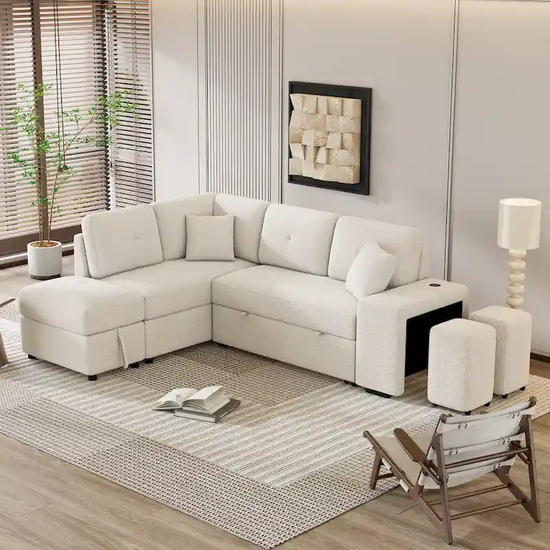 Roomfitters Convertible Sleeper Sectional Sofa Bed with Storage Ottoman, Two Throw Pillows, Two Stools, Wireless Charger