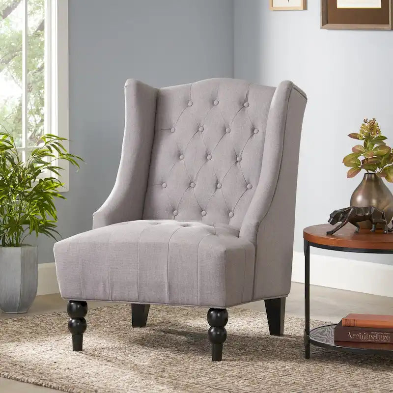 Upholstered Wingback Chair – Blue / Navy / Silver / Green, Button-Tufted Diamond Stitch, Birch Legs, Seats 1