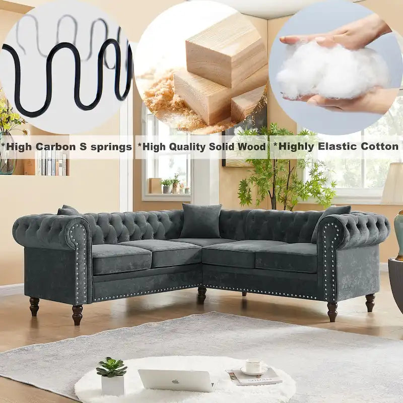 L-shaped sofa with deep-stitched details and curled armrests.
