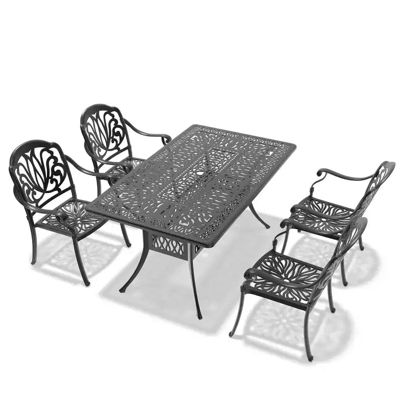 5-Piece Rectangular Cast Aluminum Patio Dining Set for Outdoor Backyard Garden Deck Poolside with Cushions