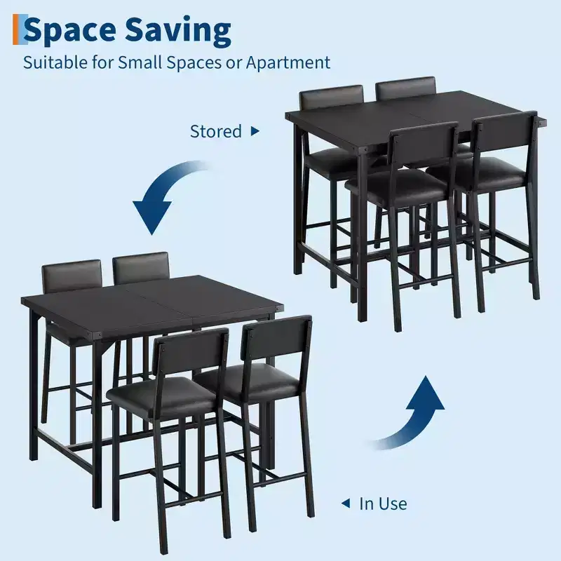 Dining Table Set for 4, 5-Piece Kitchen Table Set, Footrest, Corner Protector, Counter Height Table, 2 Upholstered Bar Stools, for Kitchen