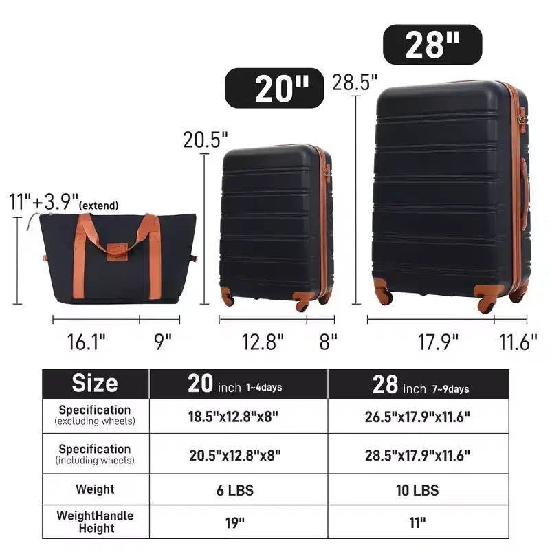 NAYSAYE Luggage 2 Piece Set with Bag Spinner Suitcase TSA Lock Lightweight for Travel, Black and Brown, 19*13*28
