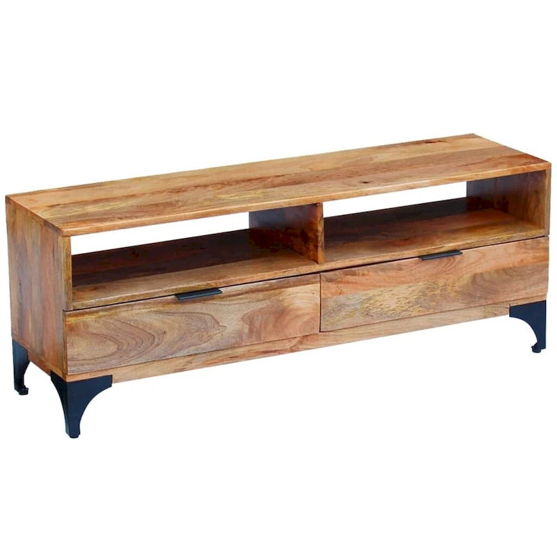 Handmade Mango Wood TV Stand – Brown, Rustic Style, 2 Drawers & 2 Compartments
