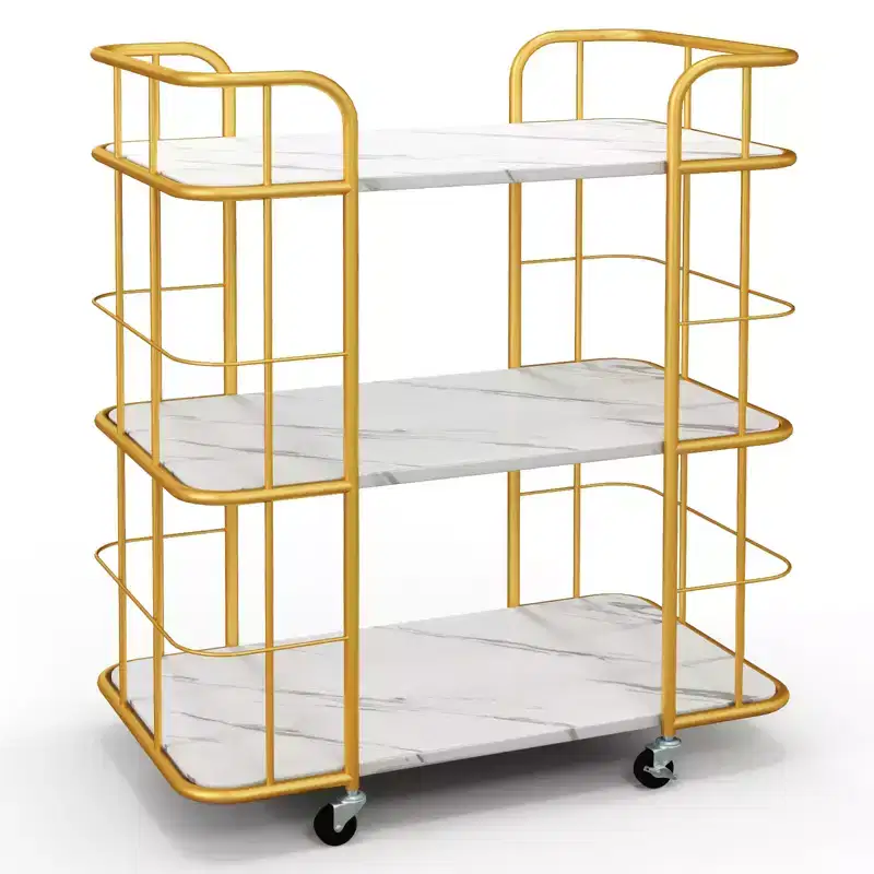 3-Tier Kitchen Storage Utility Cart Gold Rolling Bar Serving w/Lockable Casters
