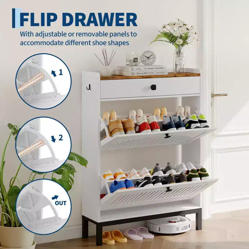 Shoe Storage Cabinet with 2 Flip Drawer, Shoes Organizer with with Top Drawer, Adjustable Shoe Rack