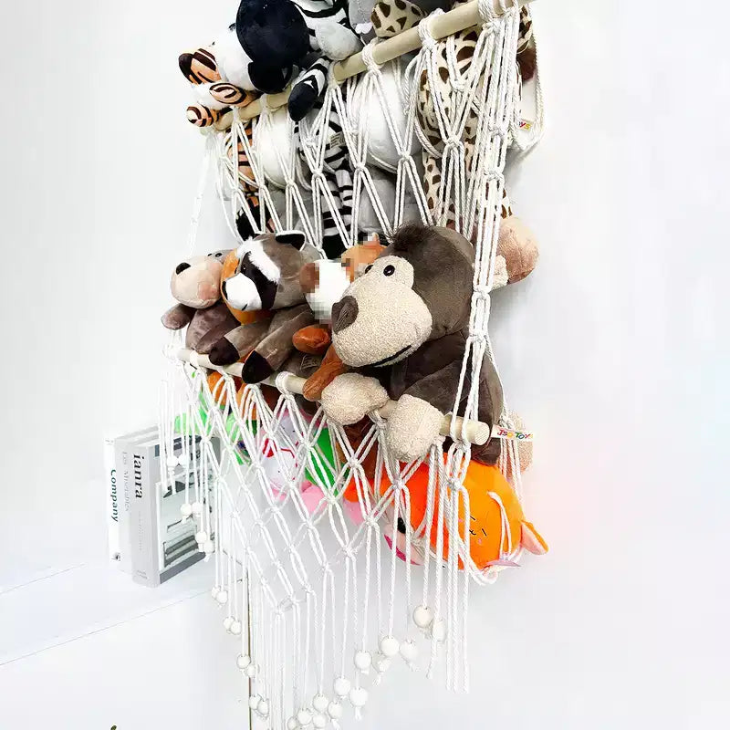 Stuffed Animal Storage Hammock Toy Hammock Net 2-layer Wood Plush Toys Holder Hanging Toy Organizer Wall Hanging Mesh Net for Nursery Play Room