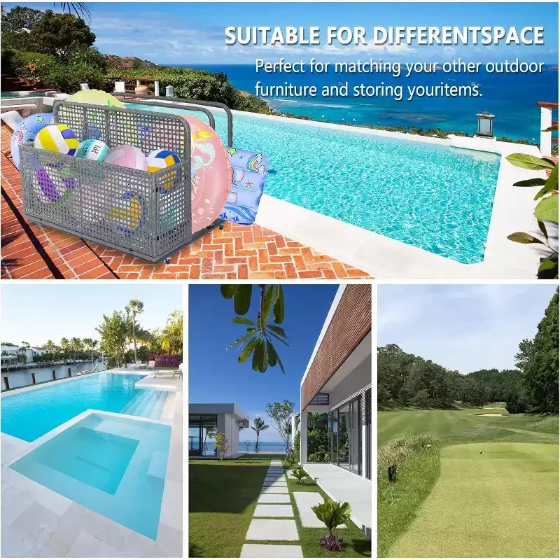 Pool Storage Bin with PE Rattan, Pool Organizer for Cushions & Floaties