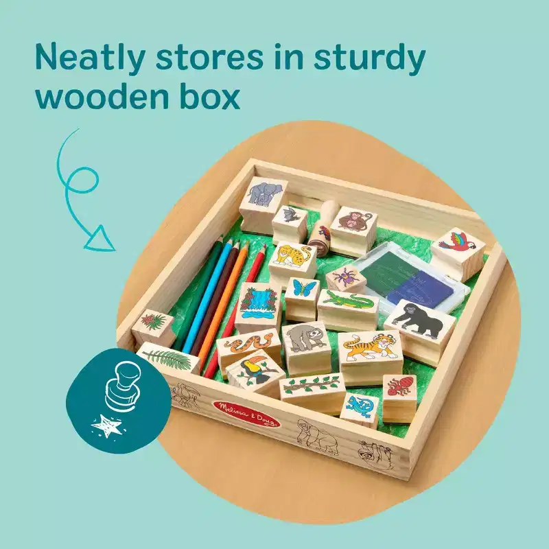 Melissa & Doug Stamp-a-Scene Stamp Set: Rain Forest - 20 Wooden Stamps, 27-Piece Set for Kids, Animals Theme