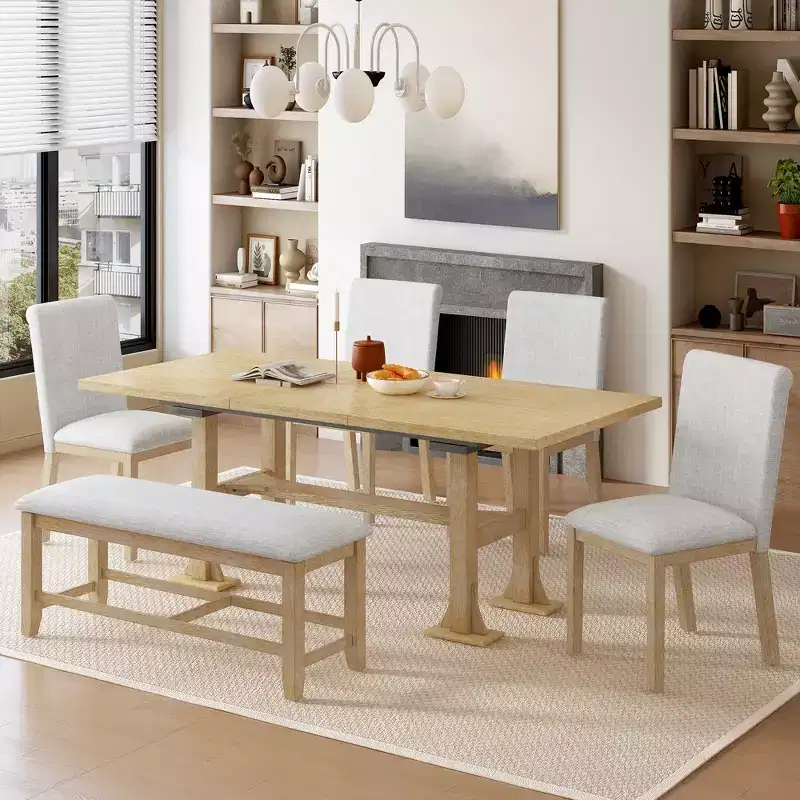 6 Pieces Dining Table Set with Bench for 6, Kitchen Table Set with Storage Drawer and 4 Upholstered Dining Chairs