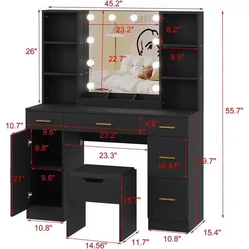 Vanity Desk with LED Mirror, 5 Drawers and 6 Open Shelves, Adjustable Lighting, Dressing Table