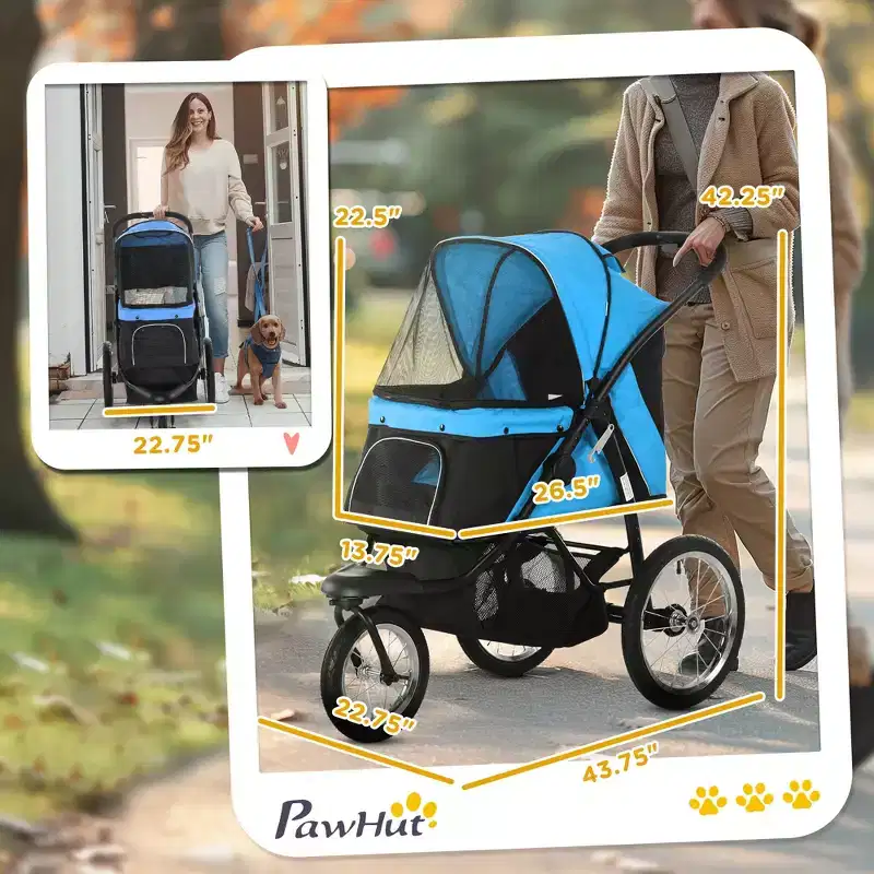 Pet Stroller for Small Dogs and Medium Dogs with Adjustable Canopy, Safety Tether, Storage Basket