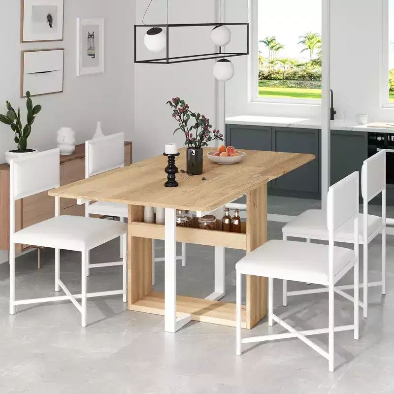 5-Piece Dining Table Set, Extendable Modern Compact 31.5-63 Kitchen Table with Storage Rack and 4 Upholstered Dining Chairs for Small Spaces