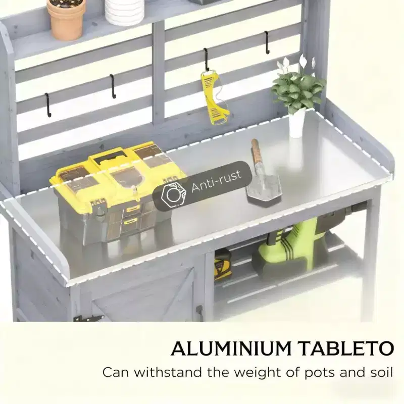 Whisen Patio Wooden Potting Bench, Outdoor Garden Work Station Table with Storage Cabinet, Open Shelf and Removable Sink