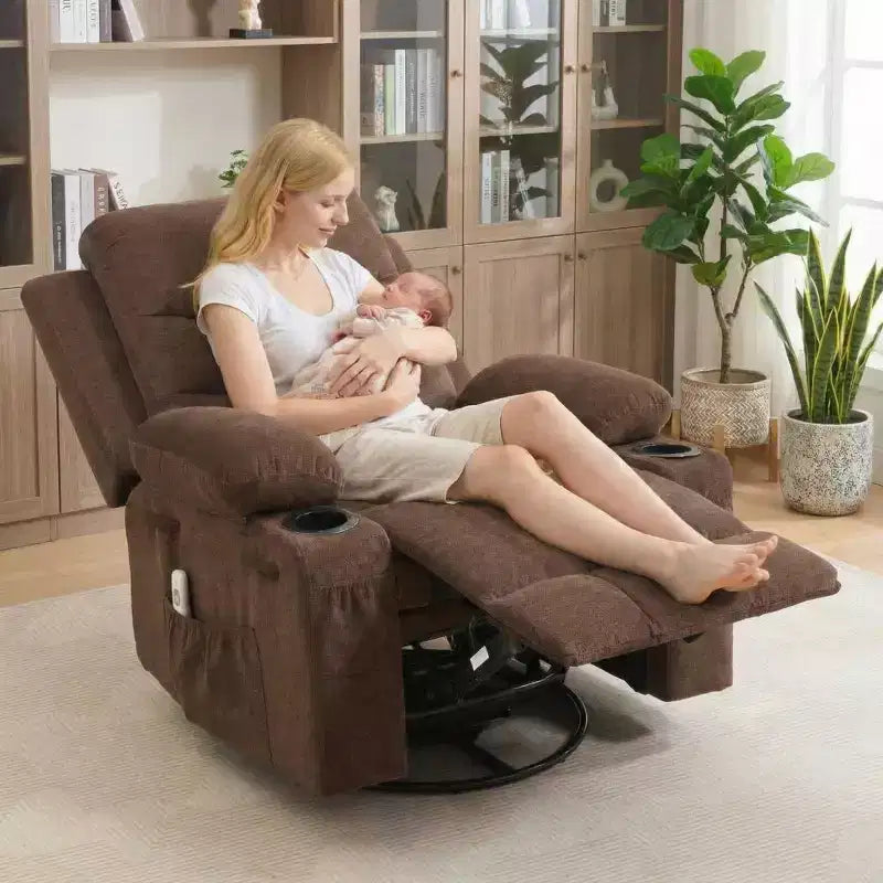 Oversized 360 Swivel Rocker Recliner with Massage & Heat - Ergonomic Lounge Chair with Cup Holders, Side Pockets for Living Room, Nursery