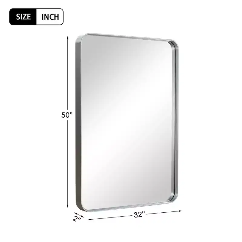 Rectangular Metal Frame Wall Mirror, 50 x 32 Inches, Silver