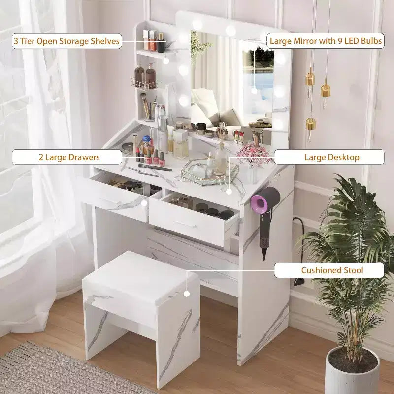 Vanity Desk with Mirror, Makeup Vanity with Cushioned Stool, 3 Lighting Modes Adjustable Brightness