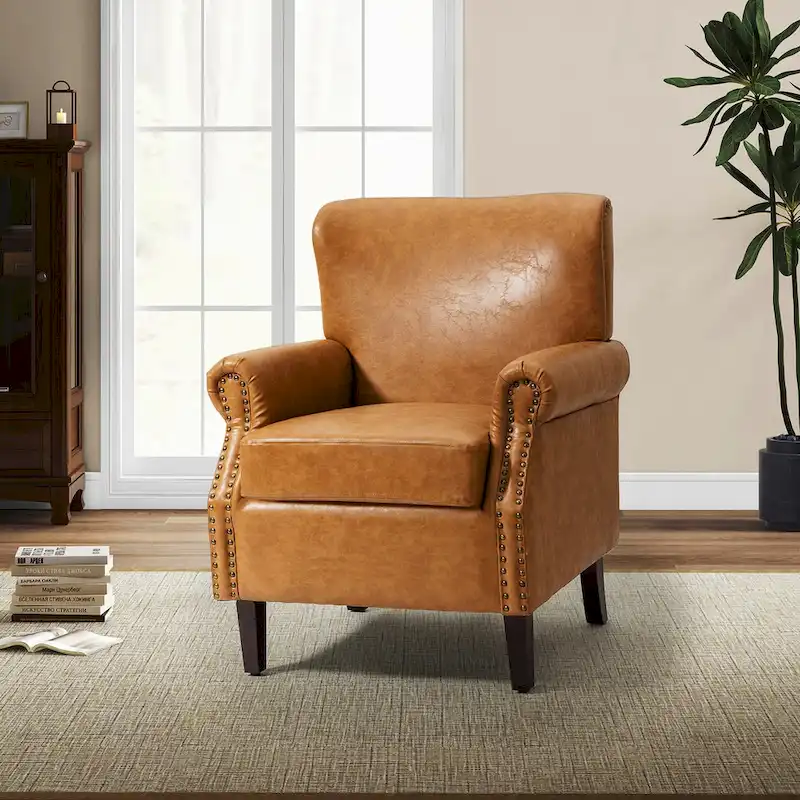 Transitional Leather Armchair with Nailhead Trim Rolled Arms