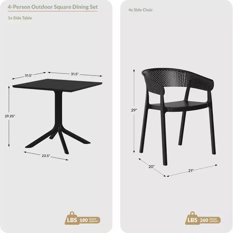 WestinTrends Playa 5-Piece Outdoor Resin Square Patio Dining Table Set with Stackable Patio Dining Chairs
